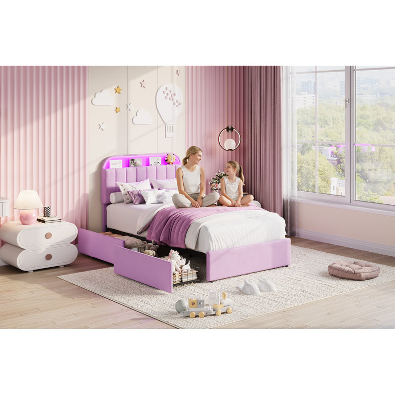 Base de lit simple tapissier en velours avec tête de lit réglable, 2 tiroirs sous le lit, lumières à DEL RVB, support de lattes, aucun sommier requis, mauve