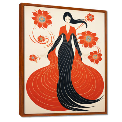 Décoration rétro japonaise, fleur rouge japonaise - femme asiatique, art mural