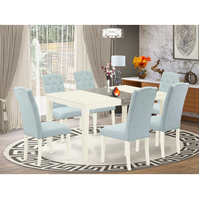 7 Piece Kitchen Table & Chairs Set Consist of a Rectangle Dining Room Table and 6 Baby Blue Linen Fabric Parsons Dining Room Chairs, Linen White