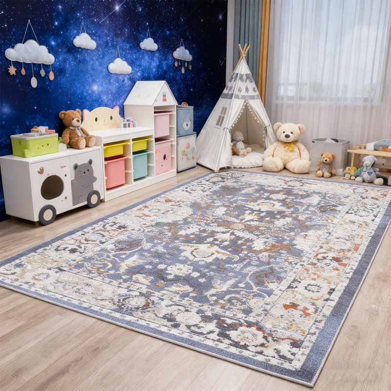 Machine Washable Vintage Area Rugs for Indoor, Non-Slip Low Pile Farmhouse Rug, Easy Clean Living Room Bedroom Kitchen Carpet, 8'x10'