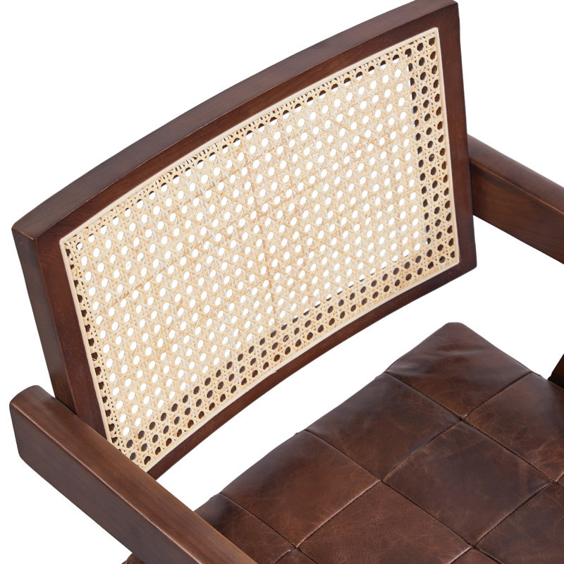 Diamour Solid Wood Rattan Genuine Leather Arm Chair Dining Chair, Brown