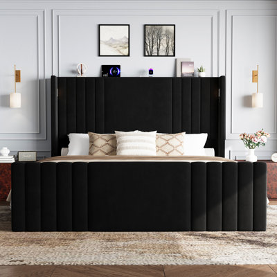 Velvet Upholstered Wingback Platform Bed