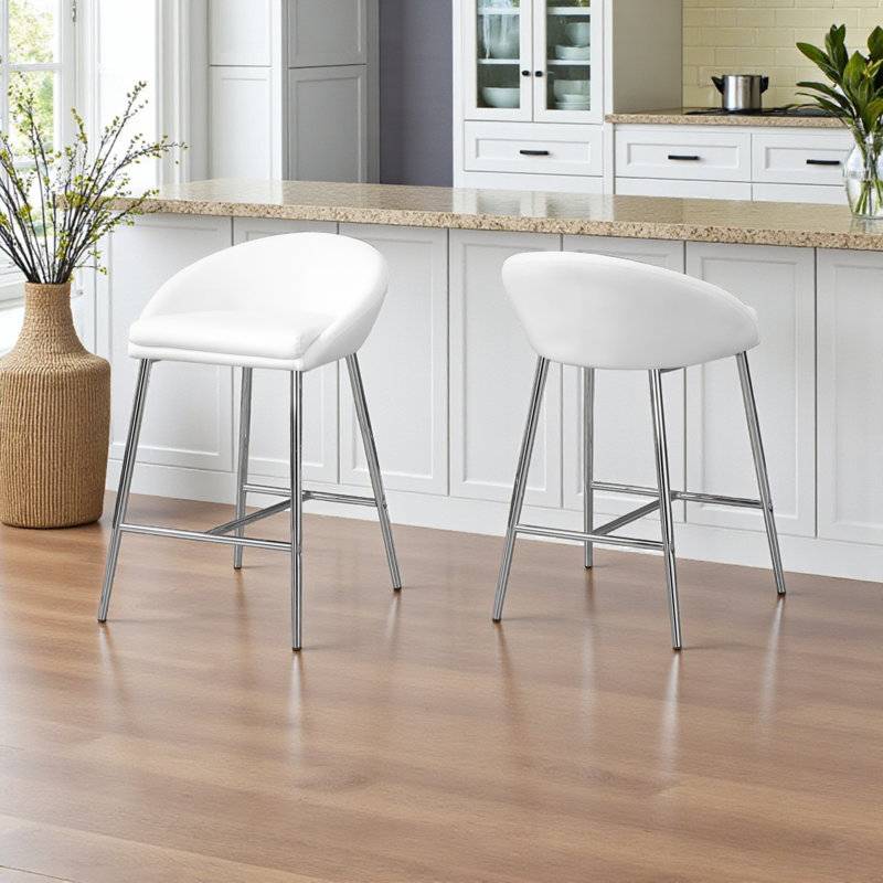 Tabouret de bar à quatre pieds Lester en chrome / blanc (ensemble de 2), H 29,62 po x l 20,3 po x P 20,3 po
