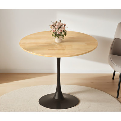 24" Round Mid-Century Modern Tulip Bistro Table with Metal Pedestal, Natural Wood