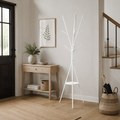 Arbre d'entrée en métal noir H 72 po avec 6 crochets et tablette en panneau de fibres à densité moyenne pour le vestibule ou la chambre à coucher