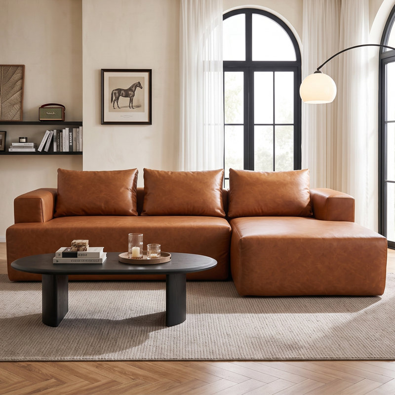 Canapé modulaire en similicuir 95 po en forme de L avec méridienne droite, sans assemblage, brun, Gauche, Brun