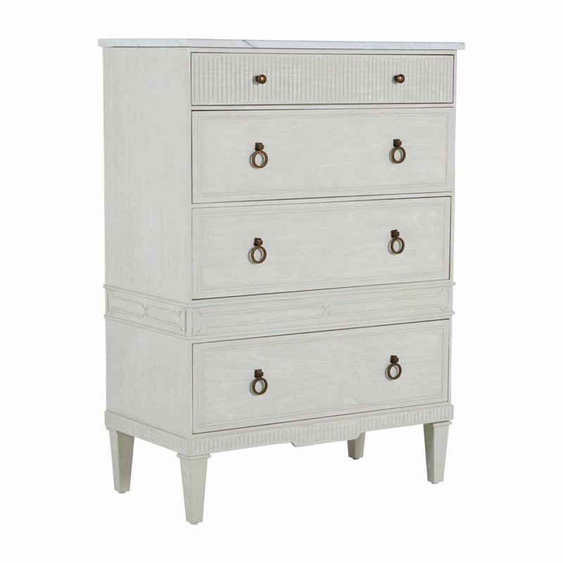 Cerused White Tallboy Chest with Marble Top and Brass Pulls