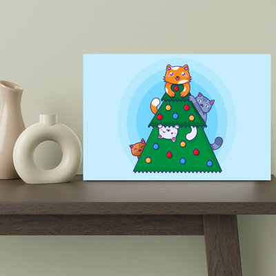 Playful Christmas Cats Playful Whimsical Abstract Christmas Tree Cat Winter Landscape Wall Art Print 1 Piece Wrapped Canvas Wall Art