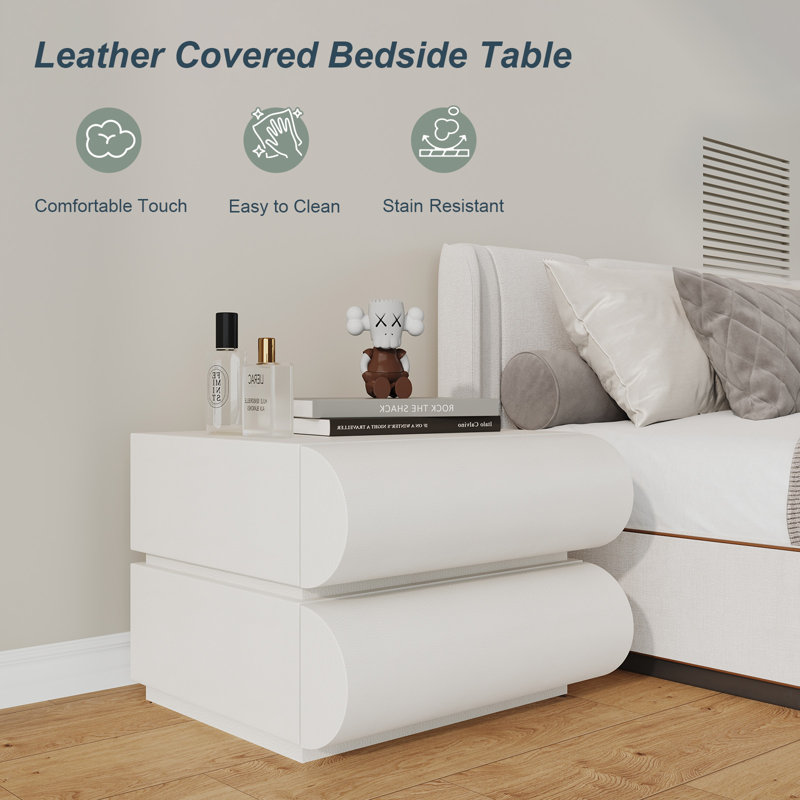 White Leather Wrapped Modern Nightstand with 2 Solid Wood Drawers