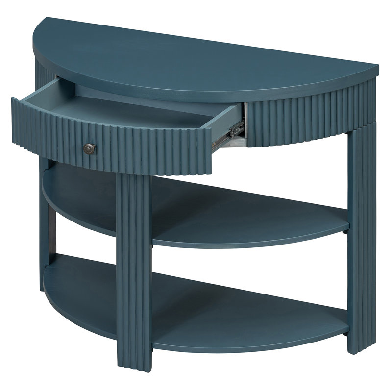 Console cannelée demi-lune avec tiroir et 2 tablettes pour le hall d'entrée, le salon et le couloir, Marine, Marine, Marine