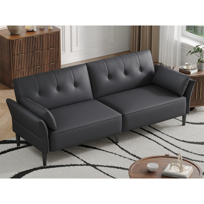 89" Faux Leather Convertible Sofa Couch with 2 Square Pillows,Adjustable Backrest& Armrests, Dark Gray