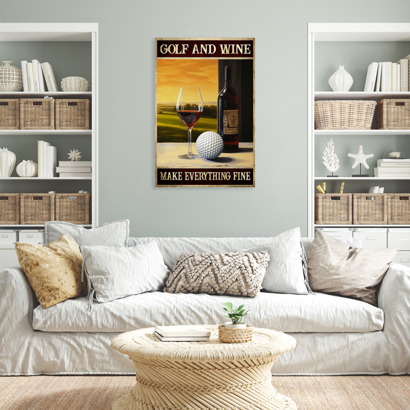 «Golf and Wine - Golf and Wine Make Everything Fine Gallery», toile tendue, décor d'illustration sport, décor de salon bleu