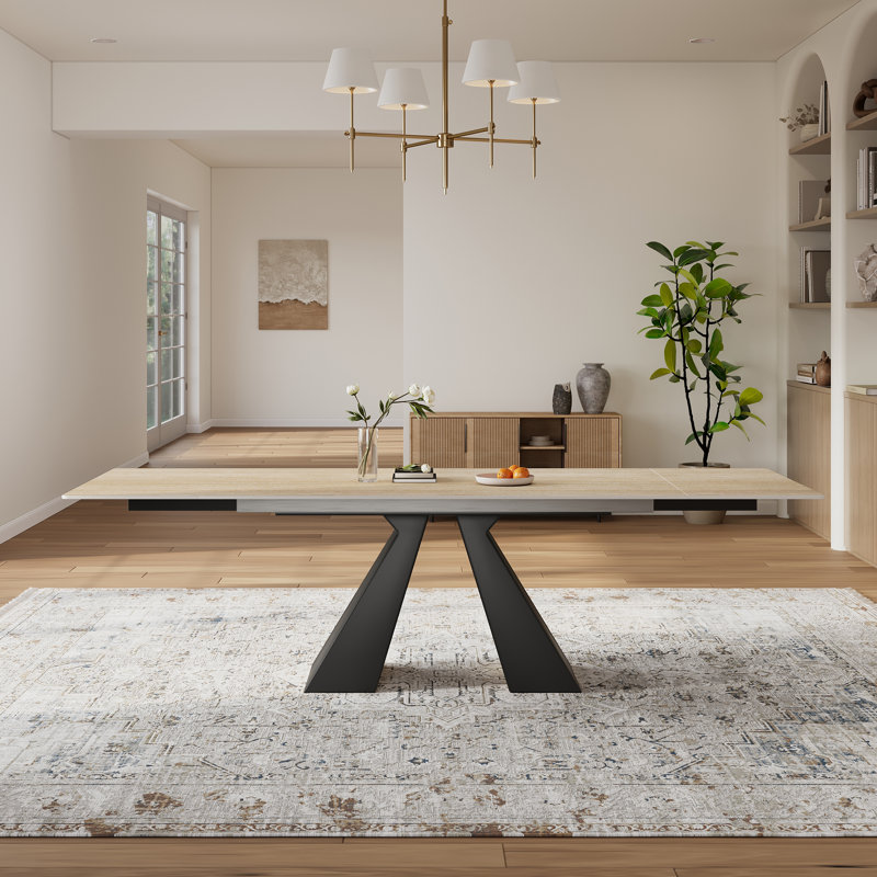 Table de salle à manger extensible de 63 à 94 po à 10 sièges en pierre frittée beige avec base en acier au carbone, grande table de salle à manger rectangulaire moderne pour la maison, la cuisine et le salon
