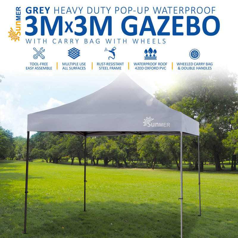 SUNMER 3m x 3m Steel Pop-Up Gazebo, Grey
