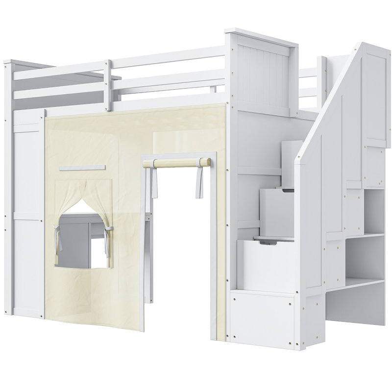 Lit mezzanine simple avec bureau, tiroirs de rangement et escalier, structure en bois massif, rideau, blanc compact