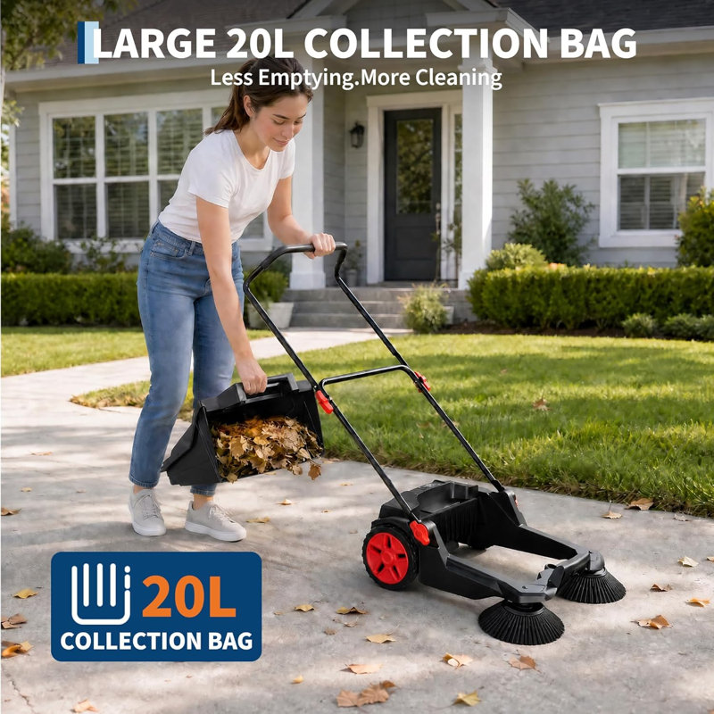 Balayeuse manuelle à pédale de 25,6 po de largeur, non électrique, avec bac à débris de 5 gallons, poignée pliable réglable, balai multi-surfaces pour patio, cour, garage, allée, allée et atelier
