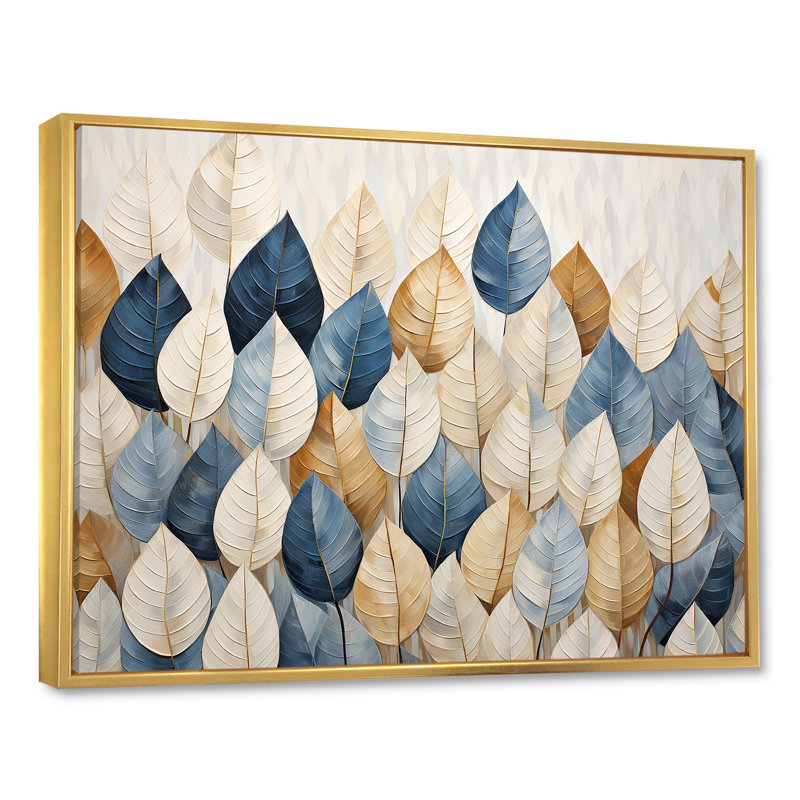 Beige And Blue Minimalism Leaves Collage I - Herbs Wall Decor, 16" H x 32" W x 1" D, Gold Floater Framed