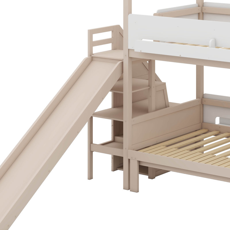 Lit superposé simple au-dessus de simple / double en bois avec glissière et escalier pour le rangement, Beige / Blanc