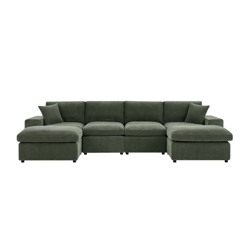 Corduroy Upholstered Symmetrical Modular Sectional, Dark Green Corduroy