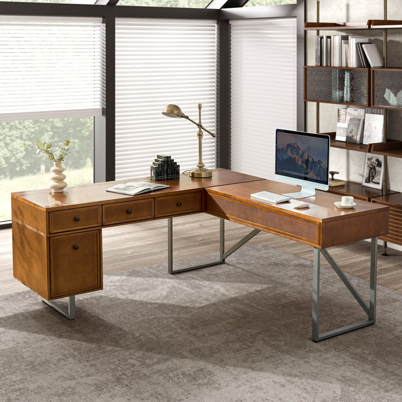 Nusaiba 71'' W L-Shaped Lift Top Cane Executive Desk with Built-In Outlets and Cable Management, Acorn/Gray
