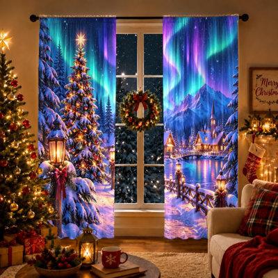 2Pcs Winter Aurora Christmas Tree Village Curtains, Festive Rod Pocket Light Filtering Window Drapes for Living Room Bedroom Kitchen, Holiday Home Decor, Room Decor