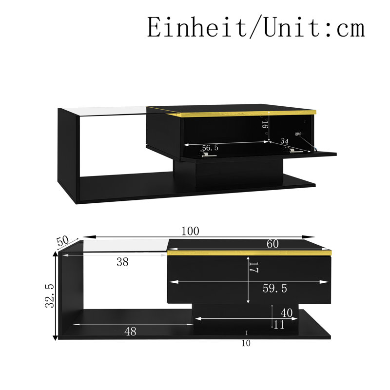 Coffee Table with Storage, 32.5 cm H x 100 cm W x 50 cm D, Black