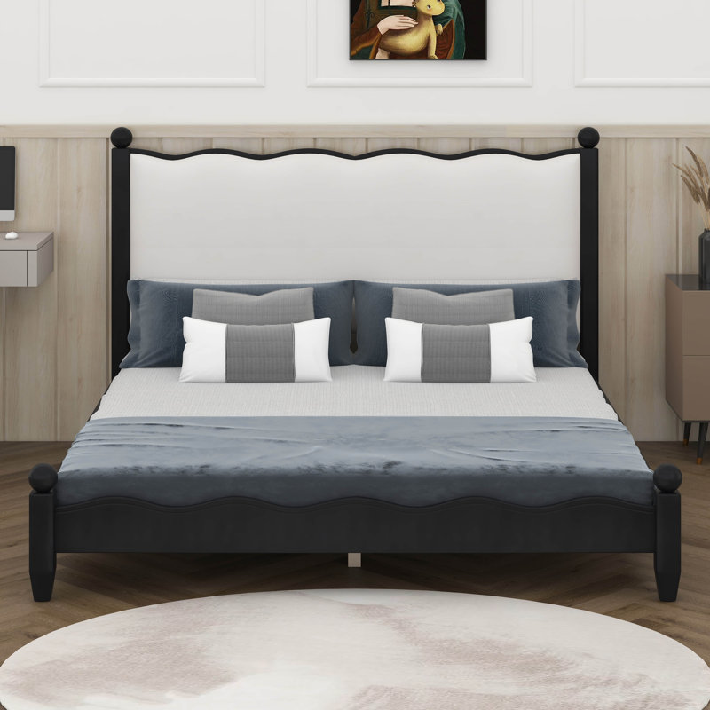 Lit plateforme avec tête de lit tapissier festonnée, structure en bois, Black/Beige, Queen