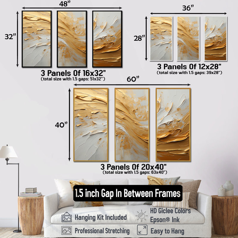 Or et beige, peinture à vagues douces - formes abstraites, ensemble d'art sur toile, H 40 po x l 60 po x P 1 po