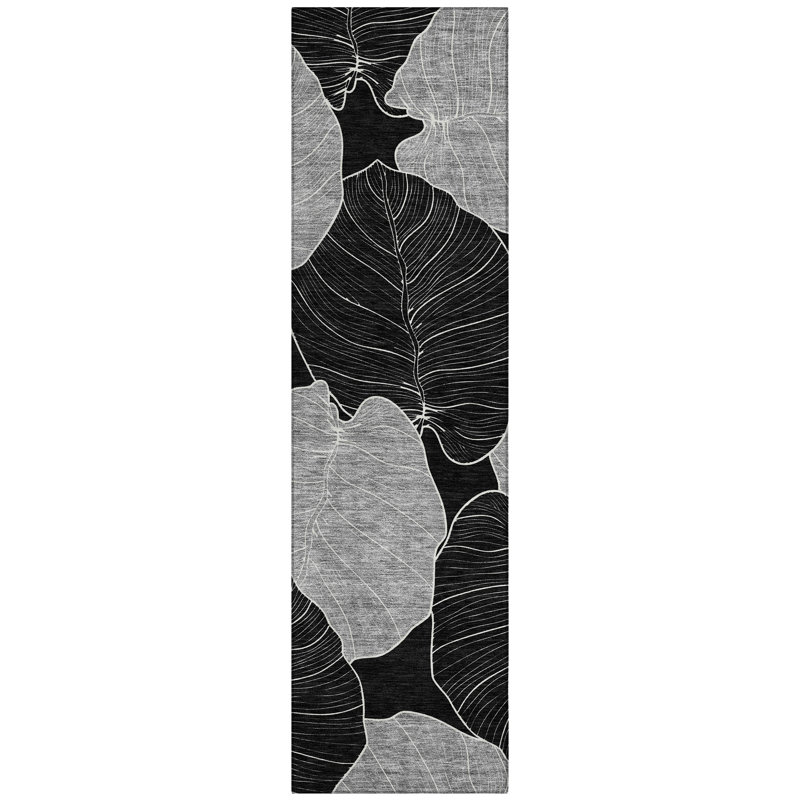 Machine Washable Indoor/Outdoor Chantille ACN2506 Floral Rug, Runner 2'3" x 7'6", Black
