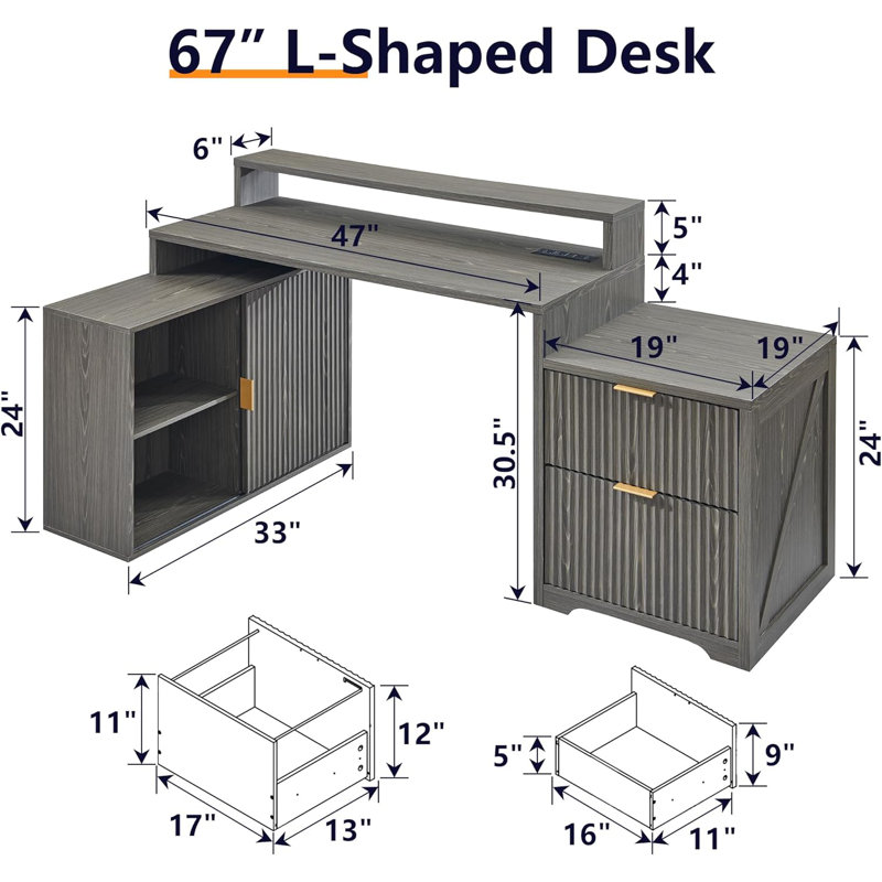 Bureau en L 67 po avec tiroirs et prise de courant, bureau d'ordinateur personnel avec support pour moniteur et armoire de rangement
