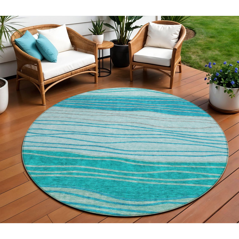 Tapis extérieur lavable rayé bleu sarcelle et turquoise 8 pi