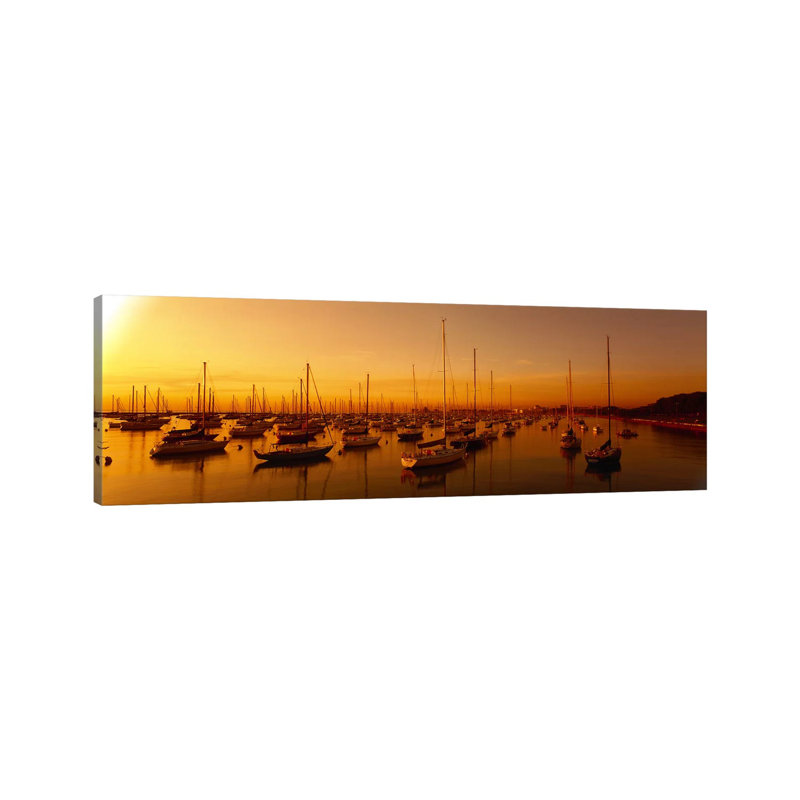 Boats Moored At A Harbor At Dusk, Chicago River, Chicago - Wrapped Canvas Panoramic Print