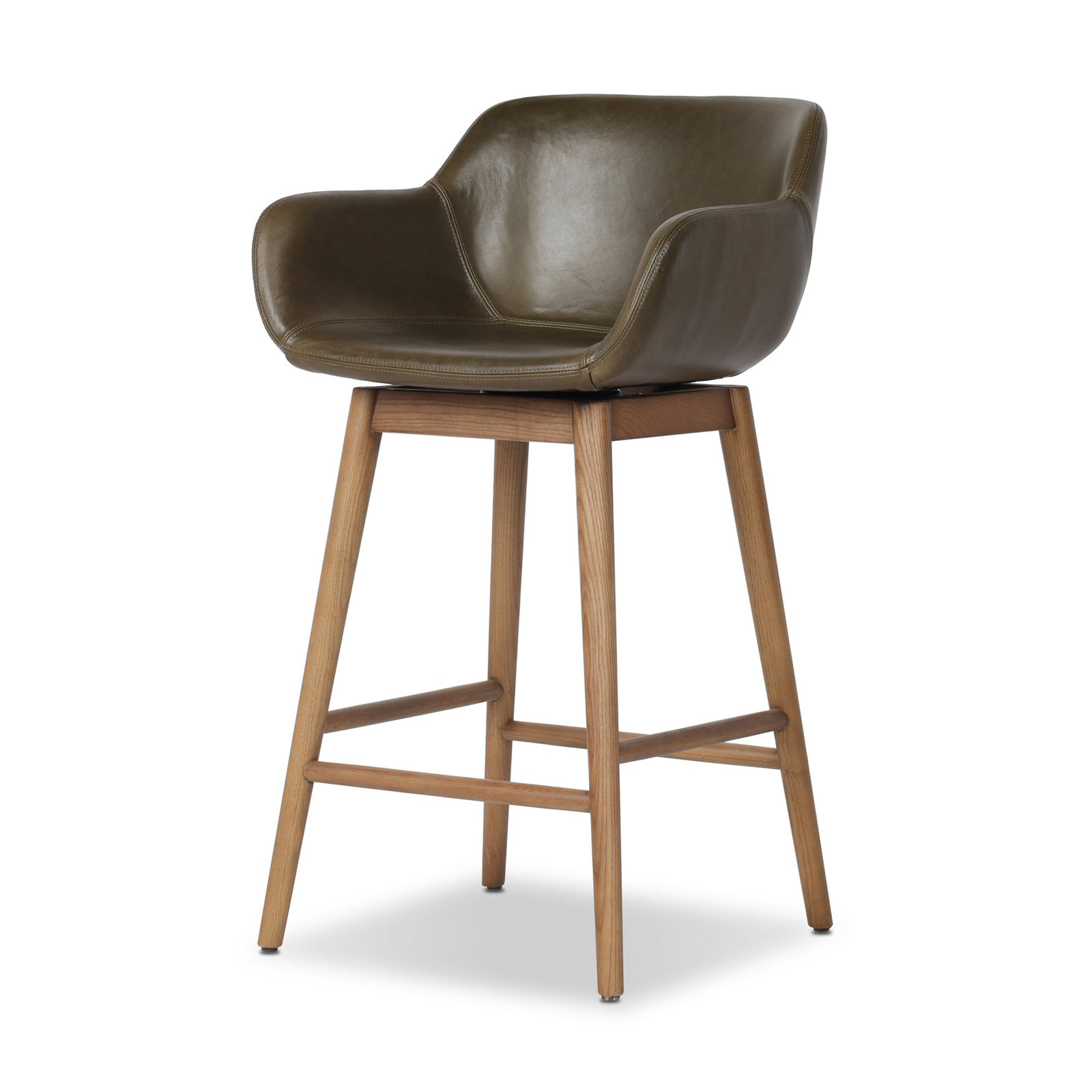 Bahari Swivel Leather Stool, Counter Stool (26.5" Seat Height), Dulane Moss/Genuine Leather, Amber Ash