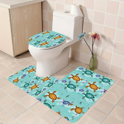 Colorful Sea Turtle Print Set of 3 Bathroom Rug Collection Teal