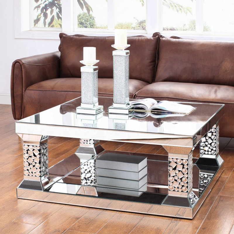 Mirrored Rectangular Coffee Table with Faux Gem Inlay