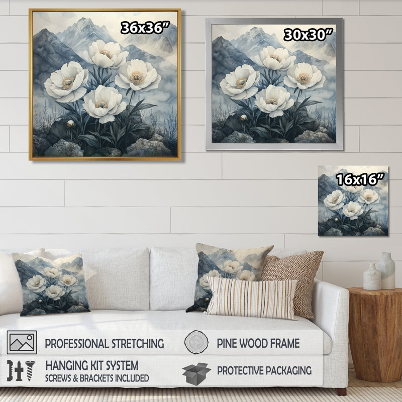 Goldena pivoines dans les montagnes brumeuses II - pivoines, art mural, H 16 po x l 16 po, Noir, noir, noir, noir