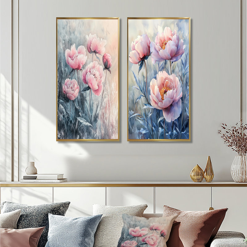 Frosty champ pivoines élégance I - Art mural floral, collection 2 panneaux, Cadre flottant doré, H 40 po x l 41 po