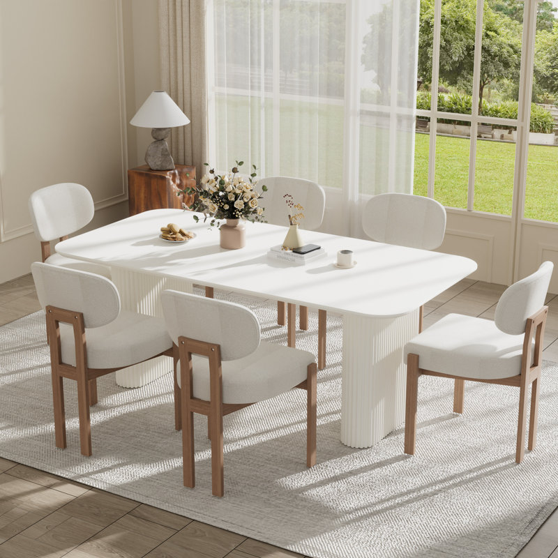 Ensemble de table de salle à manger 70,9 po, Beige, 7 Pieces: Table, 6 Chairs, Blanc