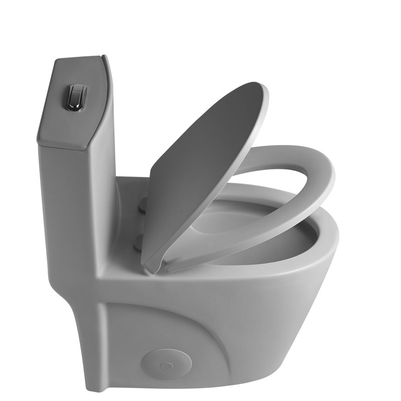 Une toilette avec double chasse d'eau 001. Siège à fermeture en douceur 1,1 / 1,6. Eau, bol allongé. Hauteur, en céramique grise Chasse, hauteur. Pour la catégorisation