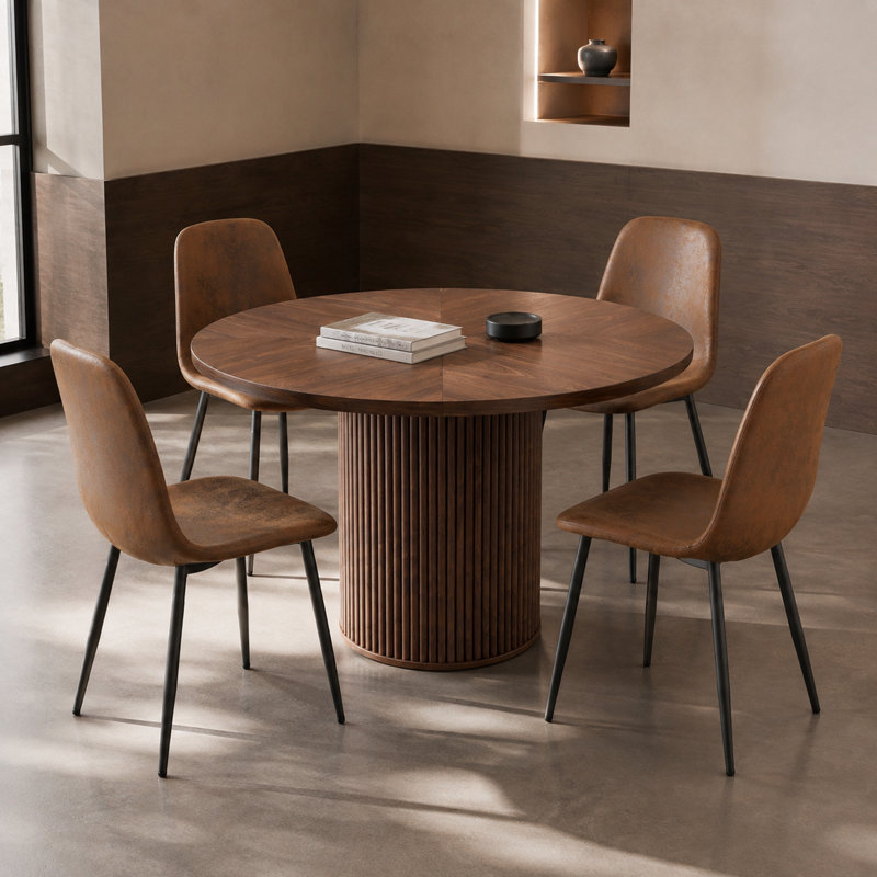 Round Walnut Fluted Pedestal Dining Set with Upholstered Chairs, Ensemble de cinq pièces : table, quatre chaises