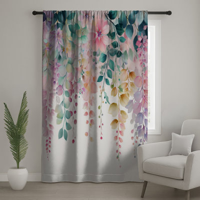 Watercolor Floral Foliage Window Curtains, Flowers Sheer & Blockout Curtains - 1 Panel