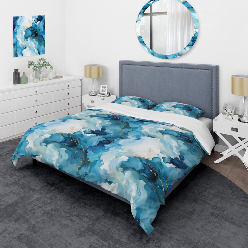 Blue White Oceanic Allure Marble Pattern III - Marble Duvet Cover Set, Housse de couette simple + 1 taie décorative stan