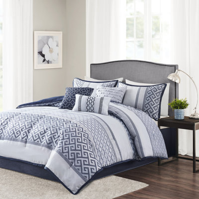 Navy Queen 7 Piece Comforter - Bedding With Comforter, Shams, Decorative Pillows & Bed Skirt In Geometric Pattern