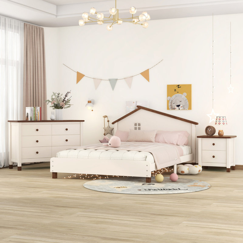 Ensemble de chambre à coucher avec lit plateforme double avec table de chevet et commode de rangement, Complète, Crème / brun