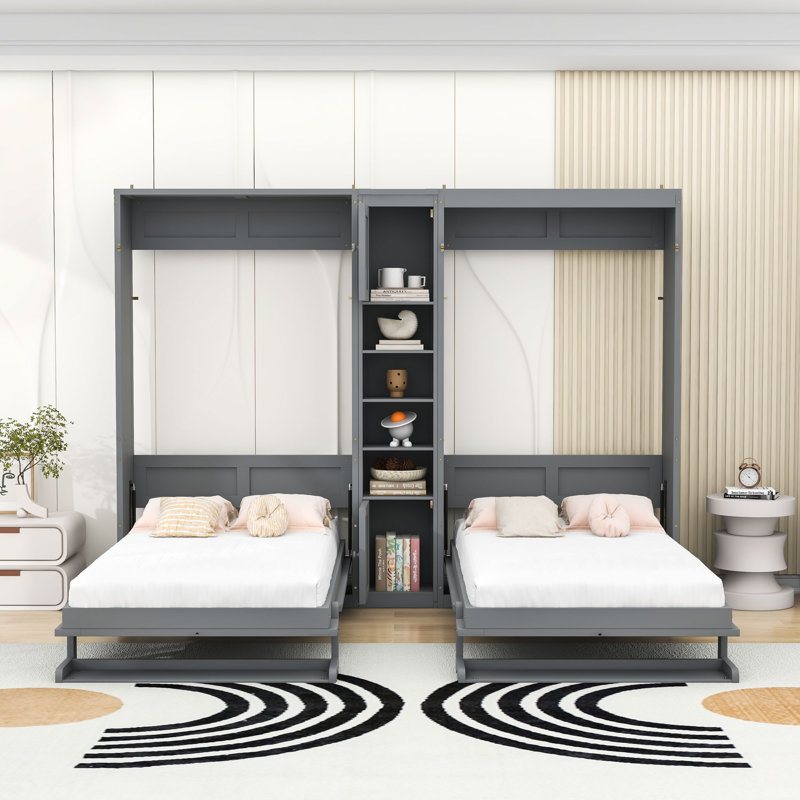 Lit simple et simple avec structure en bois et tablettes, gris