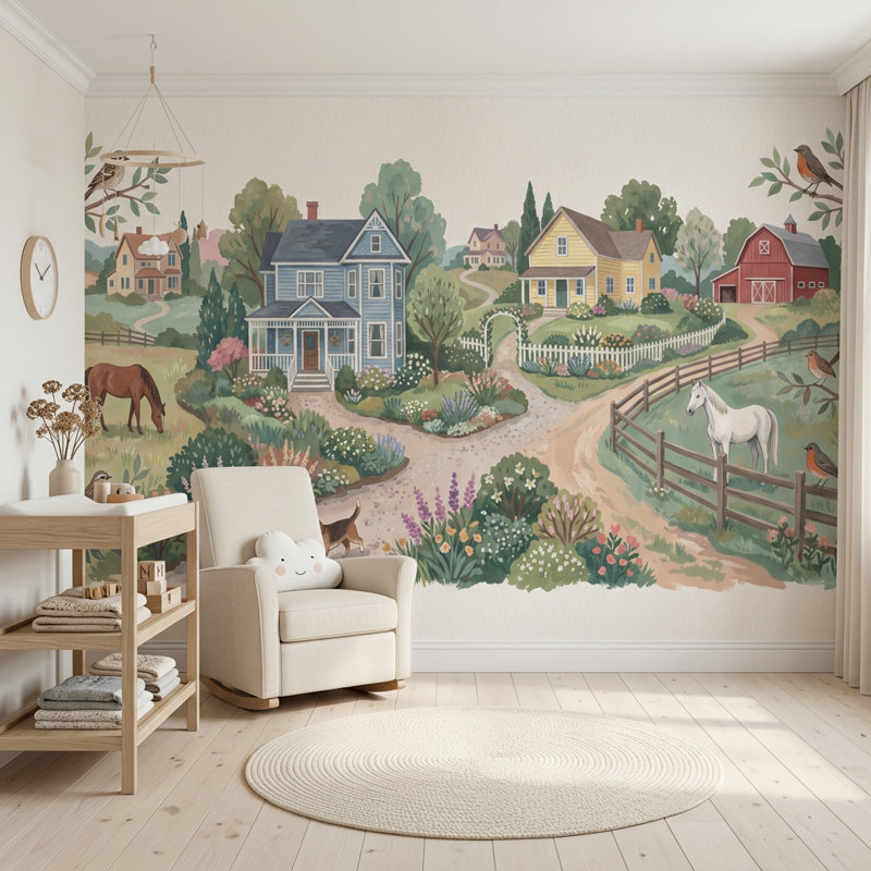 Murale campagne campagne aquarelle, 120 po x 96 po, Peel and Stick