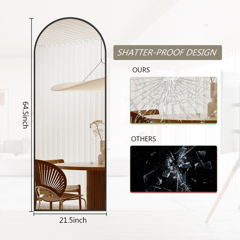 Alizeh Arched Metal Oversized Full Length Mirrors Wall Mirrors with Stand, Black, 64" x 21"