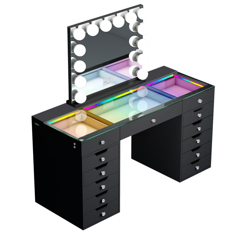 Makeup Vanity Set with LED Lighted Mirror HD Glass Top Built-in RGB Light Strips Large 13 Drawers, Black