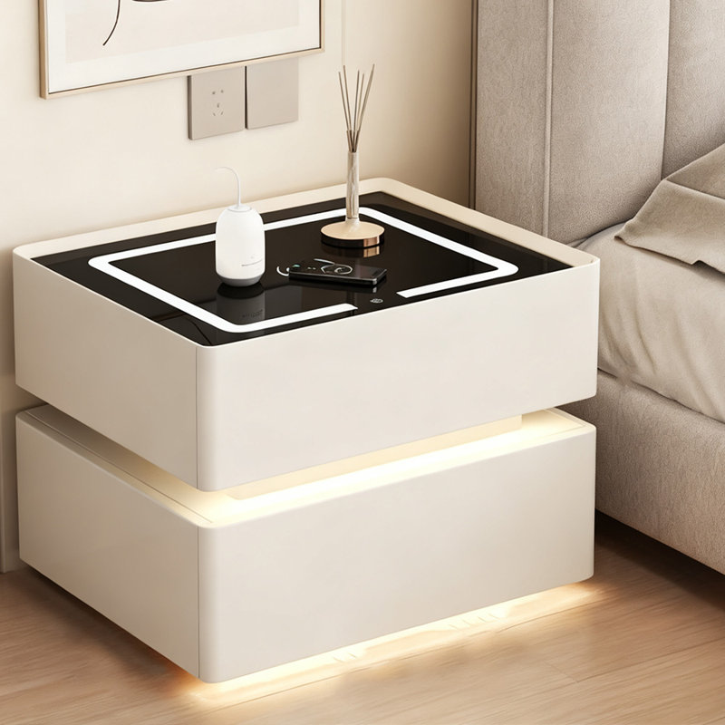 Table de chevet intelligente à 2 tiroirs avec éclairage DEL et recharge sans fil, Blanc