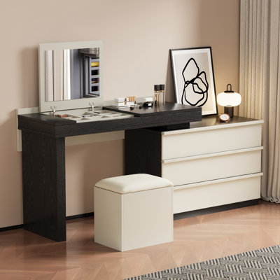 Meuble-lavabo extensible 47 po avec miroir et organisateur de bijoux 47 po avec trois tiroirs et tabouret assorti
